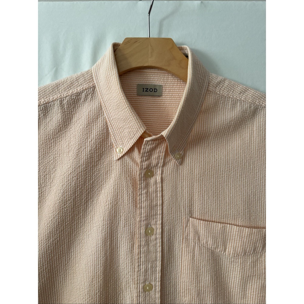 Men's LG Short Sleeve Shirt Orange/White Stipe Seersucker Button Up/Down Izod